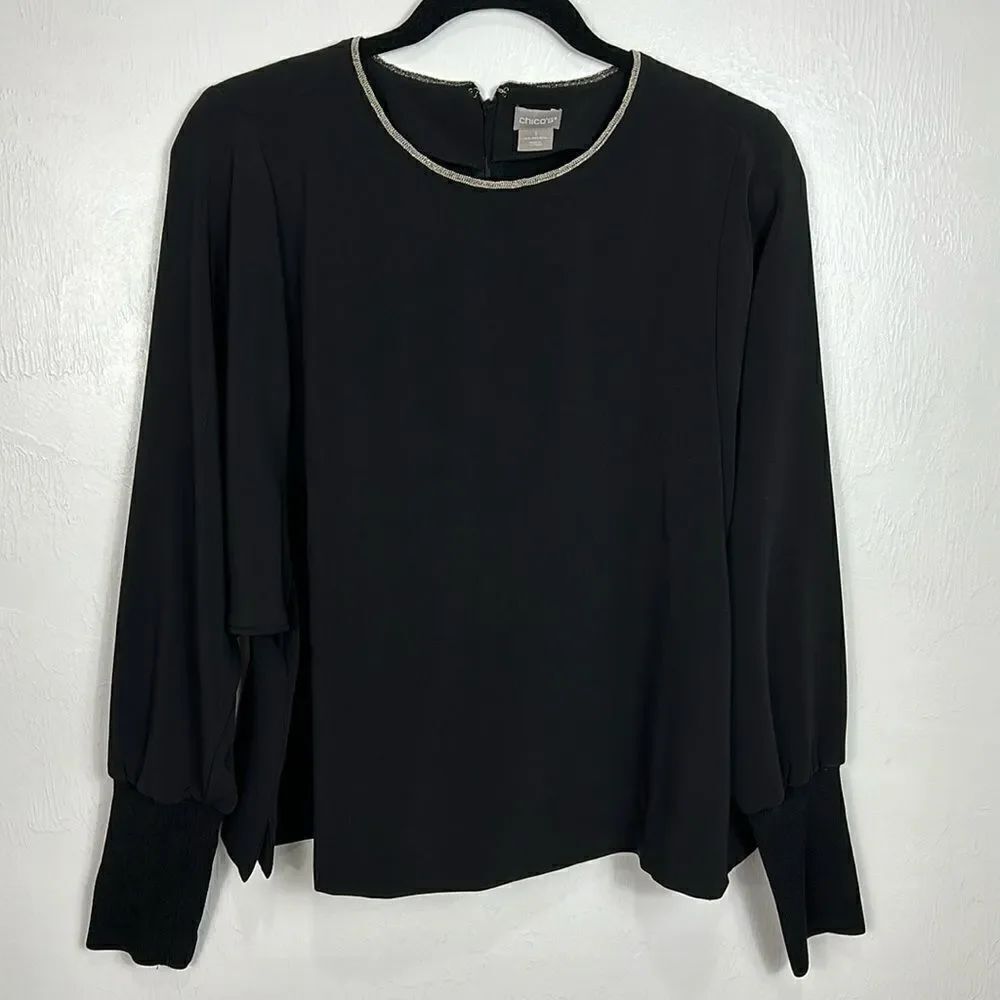 Chico’s Beaded Long Sleeve Round Neck Blouse Top In Black Size 8/10